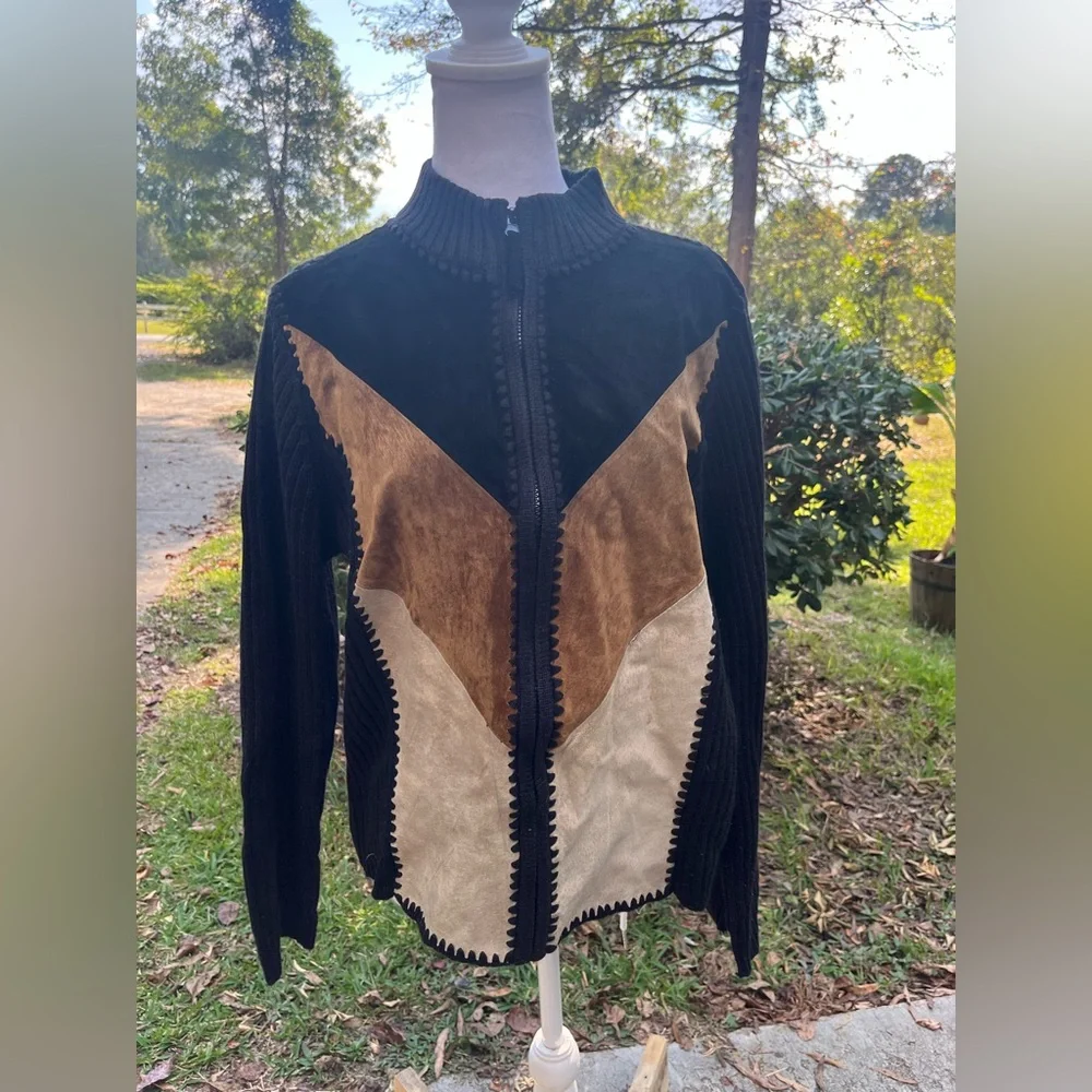 Designers Studio Originals Sweater Leather Suede Patchwork Zip Y2K Retro Women L - Picture 1 of 7